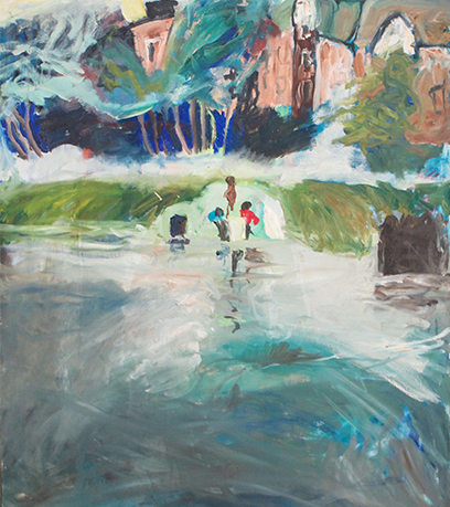 لوحة لثلاثة أطفال يلعبون في الماء.